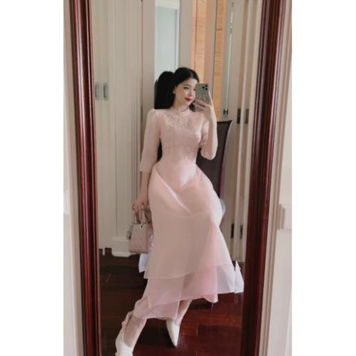 Áo dài cách tân nữ organza hồng phấn họa tiết cao cấp