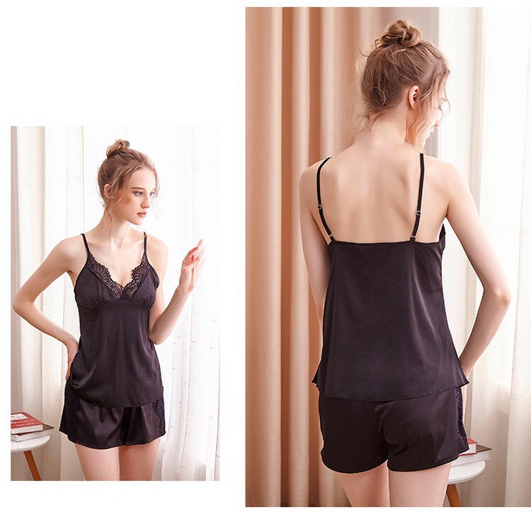 Đồ Ngủ 2 Dây Quần Cộc Ren Xẻ Mặc Nhà Lụa Satin Cao Cấp AMK.10027