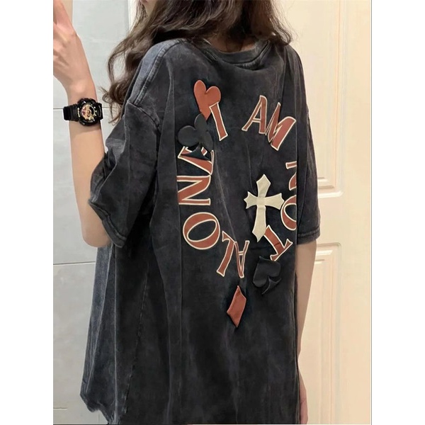 Jiashucheng Áo Thun Nữ Ngắn Tay In Chữ Phong Cách Retro Mỹ