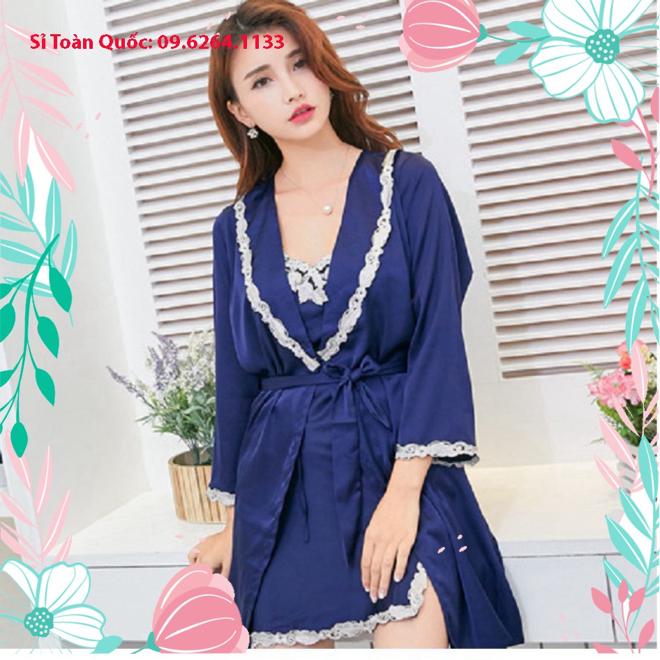 Váy ngủ lụa 2 dây giá rẻ kèm áo choàng dài gợi cảm màu xanh -Nguyên sét 2