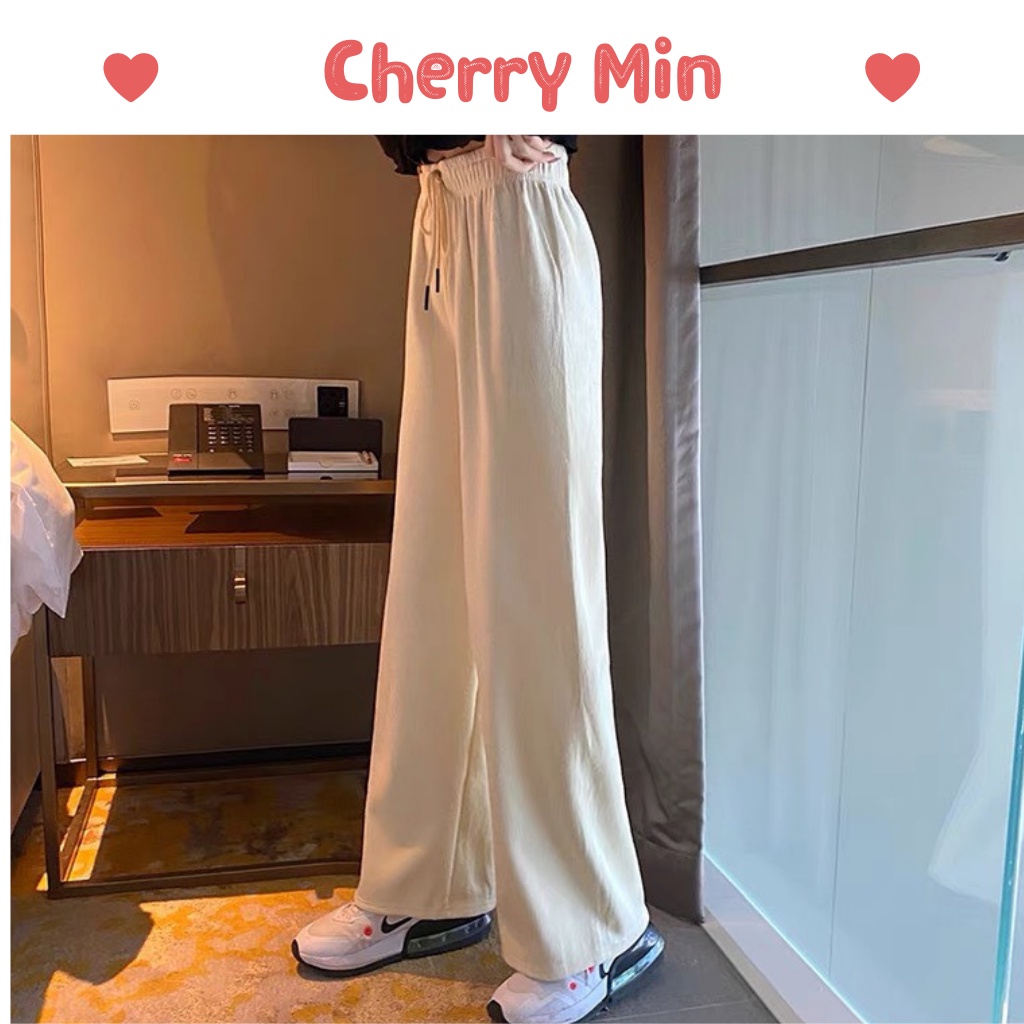 [Video] Quần ống rộng nữ cạp cao nhung gân tăm, quần dáng suông cạp chun dây rút CHERRY MIN