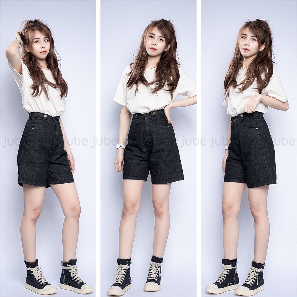 Quần Ngố Jean Nữ Lưng Cao Trơn Có Đai Lưng JUBE Vol.305, Quần Lửng Nữ Lai Cuốn Jean Không Co Giãn BST Good Girl Gone Bad