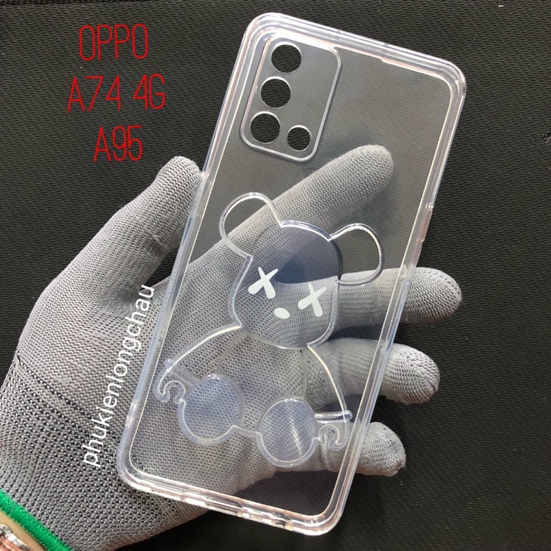 Ốp Lưng Oppo A74 4G / A95 Gấu Bearbrick Nổi 3D Dẻo Trong Cạnh Vuông