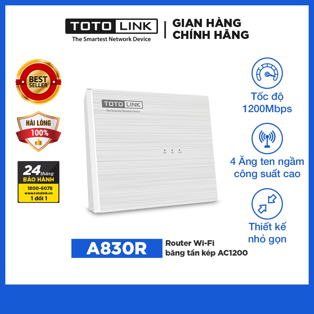 [Mã ELMALL10 giảm 10% đơn 500K] Cục phát wifi router wifi băng tần kép chuẩn AC 1200Mbps TOTOLINK A830R