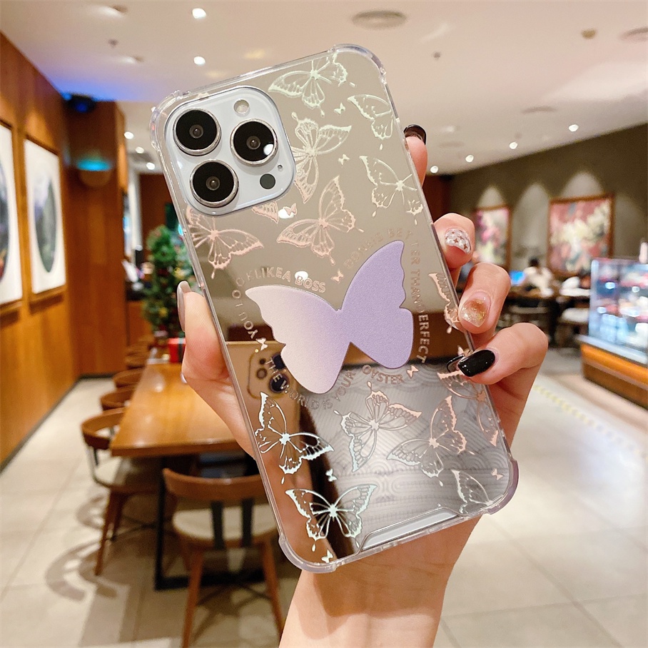 Compatible For iPhone 13 12 11 Pro Max XS Max XR X XS 8 7 Plus SE 2020 Ốp điện thoại tráng gương trang trí hình bướm dành cho