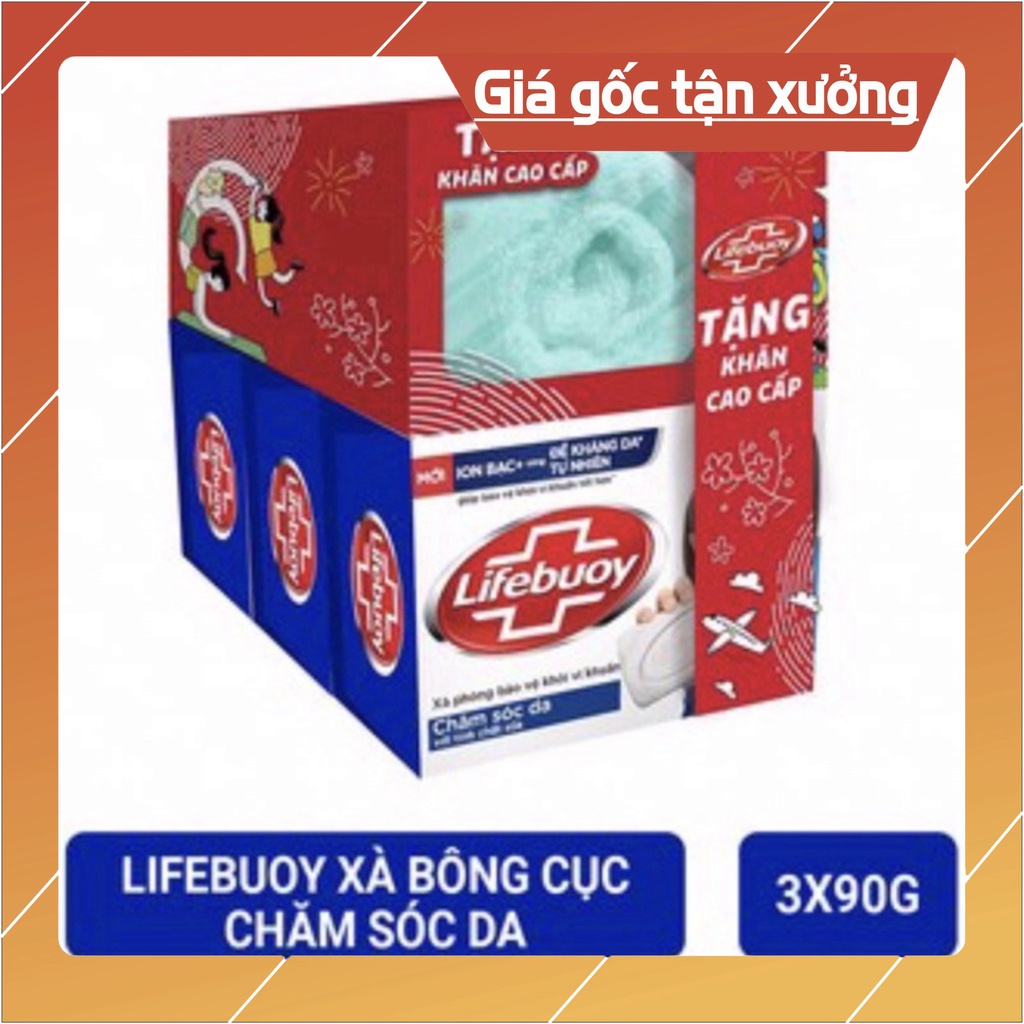 Combo 3 cục Xà Bông Cục Lifebuoy diệt khuẩn Bảo Vệ Vượt Trội tặng khăn