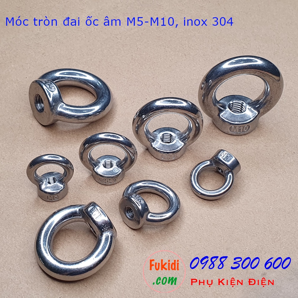 Móc tròn đai ốc, móc cẩu đai ốc âm inox 304 từ M5-M10 tải trọng từ 45-230kg