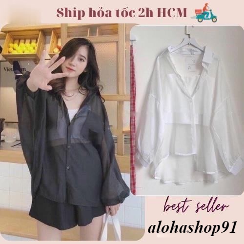 Áo khoác Sơ mi voan mỏng xuyên thấu, áo đi biển,Set Sơ mi áo hai dây-alohashop91