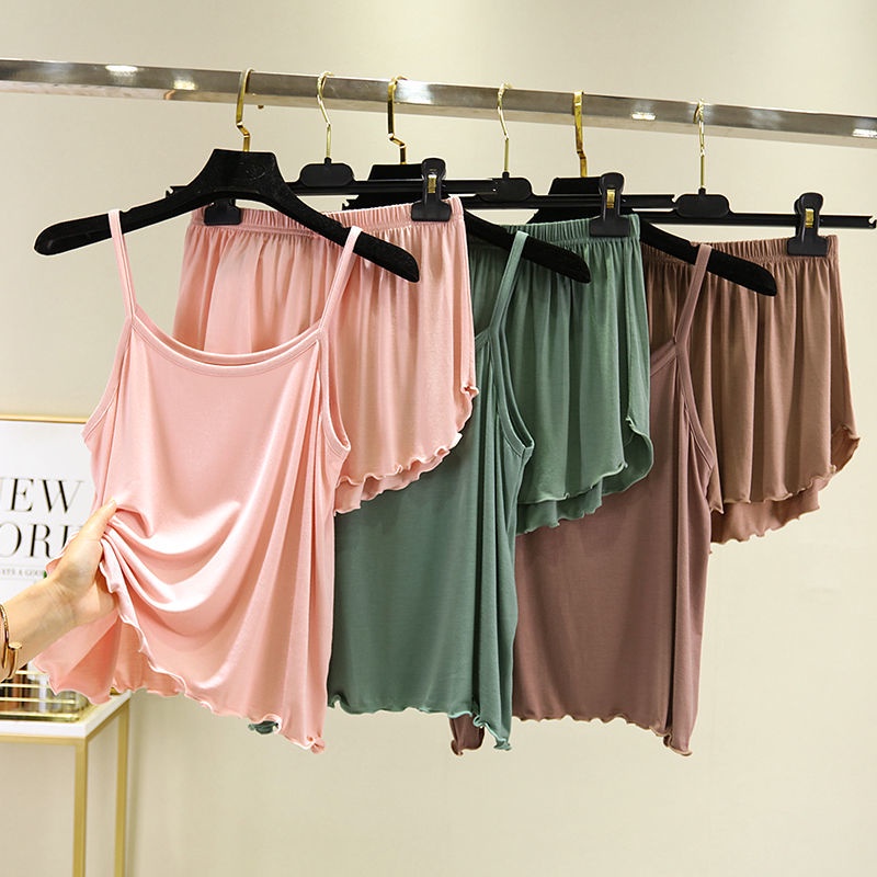 Bộ Đồ Ngủ Hai Mảnh Gồm Áo Hai Dây Và Quần Short Mỏng Thời Trang Mùa Hè Cho Nữ