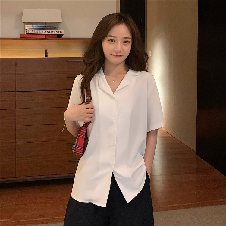 Áo sơ mi nữ đẹp tay ngắn cổ vest form rộng, màu trắng cộc tay công sở phong cách vintage Hàn Quốc -VA1