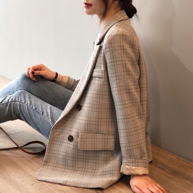 (Sẵn) Áo blazer kẻ caro style Hàn hàng cao cấp loại 1