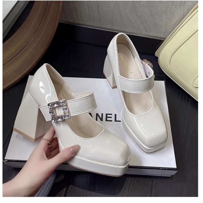 _ Giày cao gót nữ đế trụ 2 màu khoá dán siêu xinh