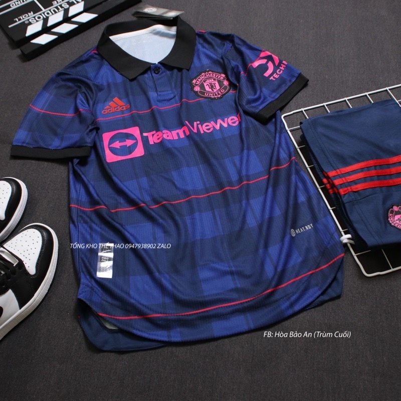 Bộ quần áo đá banh CLB MU TeamView 2023 màu xanh hồng có cổ