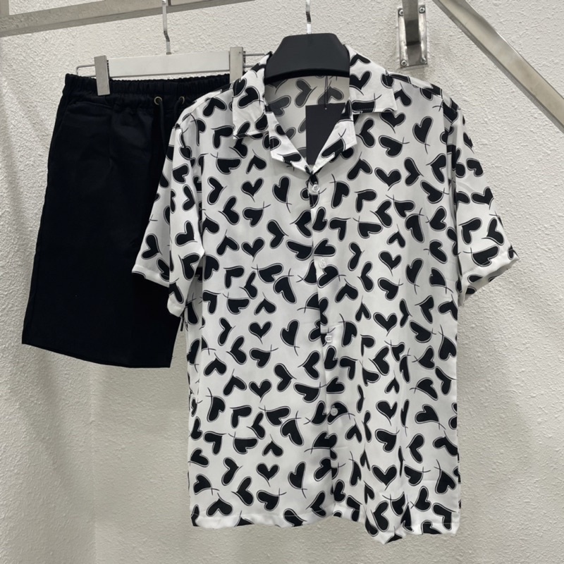 Áo sơ mi tay ngắn hoạ tiết trai tim vải lụa mango áo cuban shirt ngắn tay cổ vest mùa hè