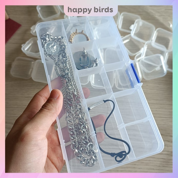 Hộp nhựa chia ngăn đa năng 15 ô tháo rời có nắp đựng phụ kiện trang sức chia đồ câu cá Happy Birds
