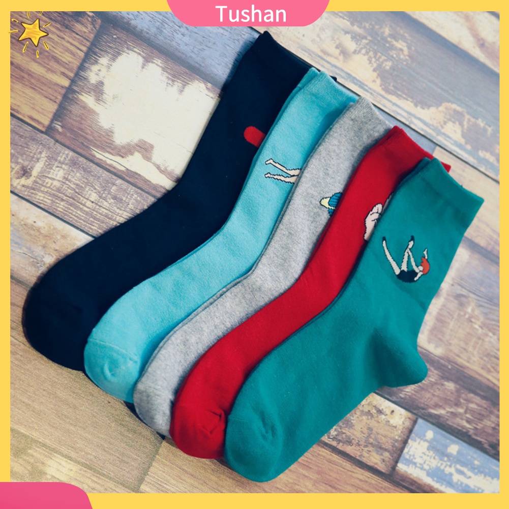 TUSH Autumn Winter Funny Cartoon Solid Color Elastic Cotton Middle Tube Crew Socks