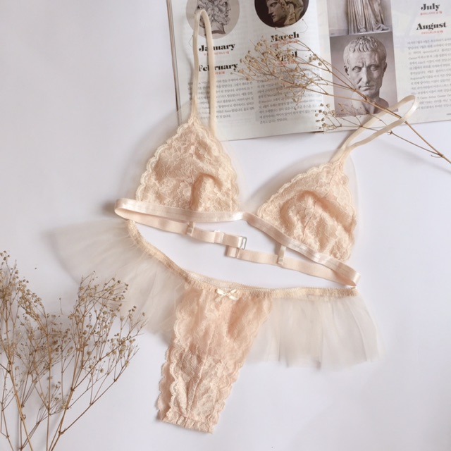 Đồ lốt thiết kế - Set bralette ren phối voan lưới (Có clip tự quay - Tặng kèm mút rời) | BigBuy360 - bigbuy360.vn