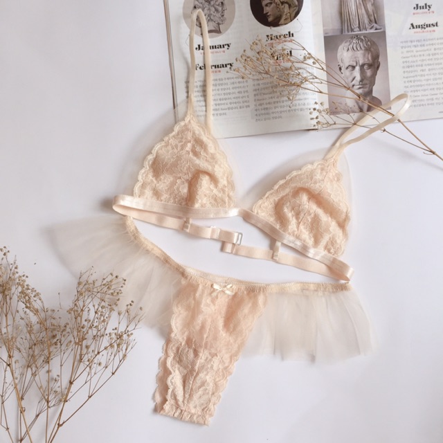 Đồ lốt thiết kế - Set bralette ren phối voan lưới (Có clip tự quay - Tặng kèm mút rời)