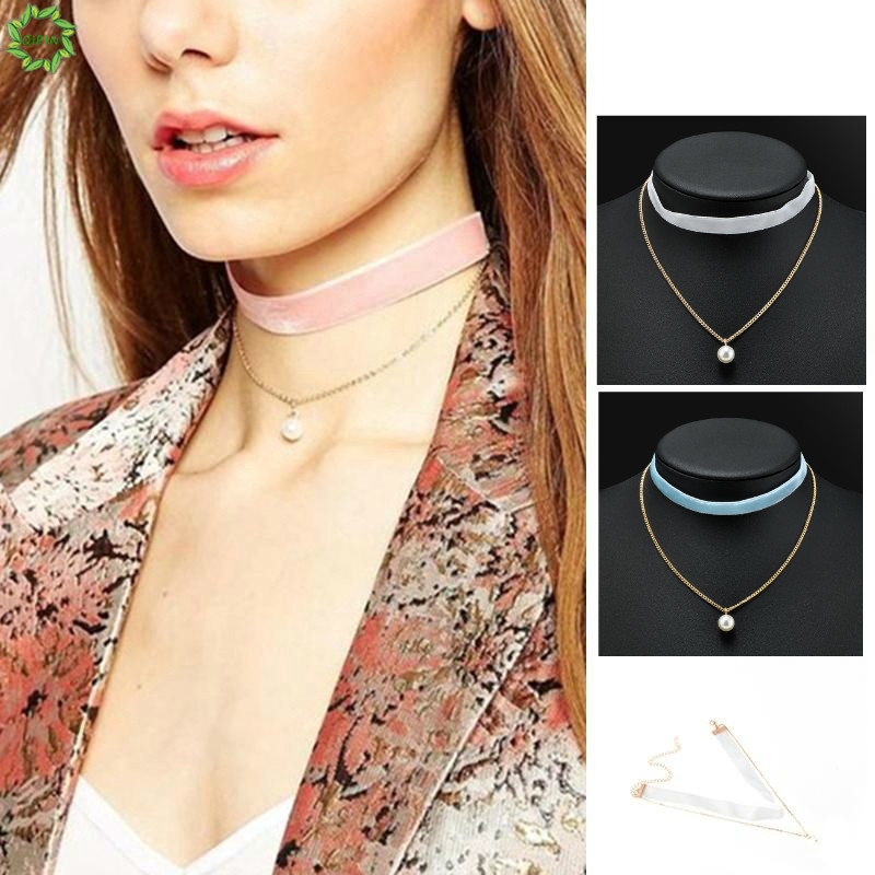 Vòng Cổ Choker Dây Nhung Đính Ngọc Trai Nhân Tạo Phong Cách Retro