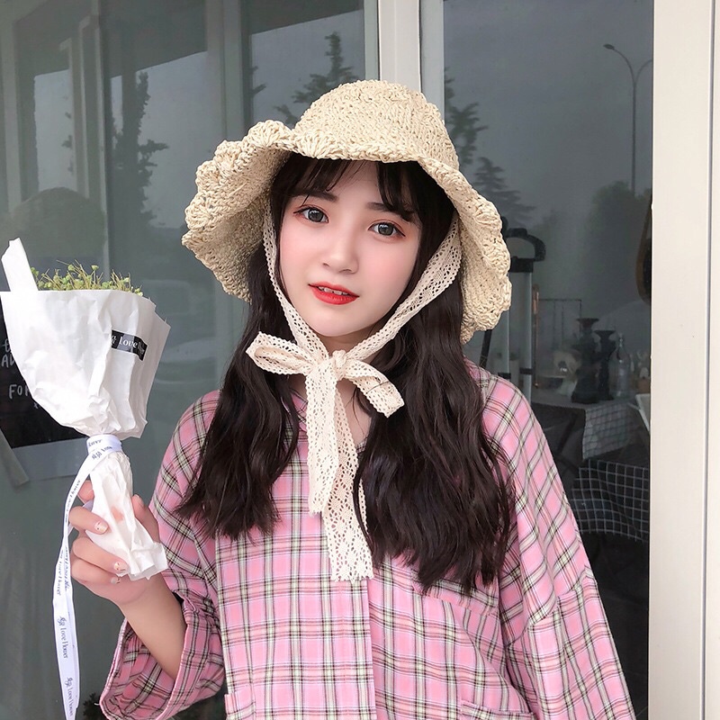 Mũ cói đi biển vành rộng cho mẹ và bé có dây buộc McL02