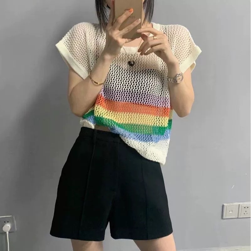 Áo len lưới dệt kim tay hến mix sọc cầu vồng