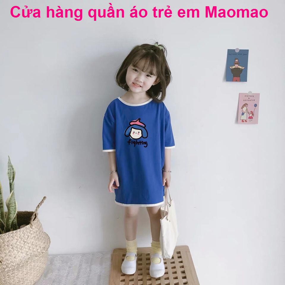 Phiên bản rời cotton tinh khiết Váy bé gái, áo thun ngắn tay, váy, phối màu dễ thương, đồ hè ngủ mới