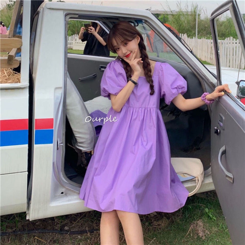 Đầm Chữ A Tay Phồng Cổ Vuông Form Rộng Phong Cách Hàn Quốc Mới