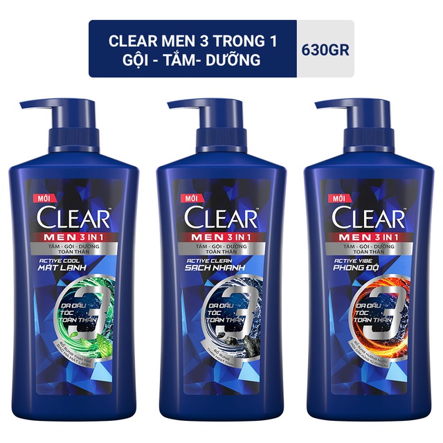 Dầu Tắm - Gội - Dưỡng Mát Lạnh 3 trong 1 cho nam Clear Men Active 630g