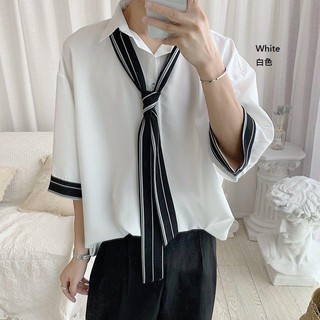 Sơ mi nam trắng bigsize tay lỡ form rộng cà vạt necktie