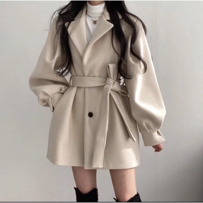 Áo dạ tay phồng thắt eo 2 màu