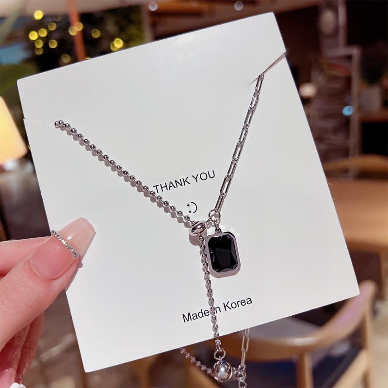 XiaoboACC Dây Chuyền Đính Đá Mặt Hình Vuông Bằng Thép Titan - 38CM+6CM