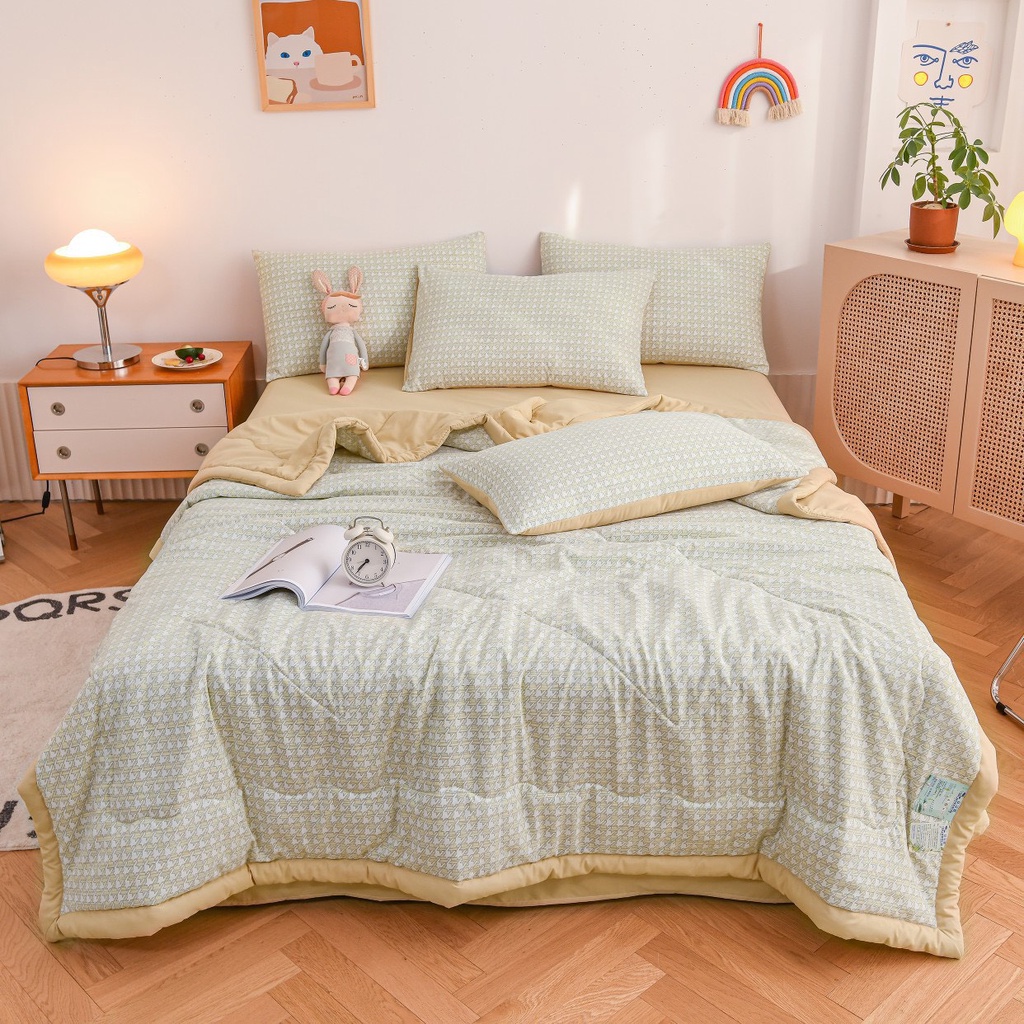 Bộ chăn ga Đũi kẻ Hàn chăn hè trần bông - sét 4 món chất  mềm và mát