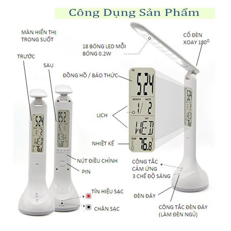 [Nguyên Seal] Đèn học Remax RT-E185  LED chống cận sạc pin - Đèn remax E185 có hiển thị đồng hồ , nhiệt độ cảm ứng chạm