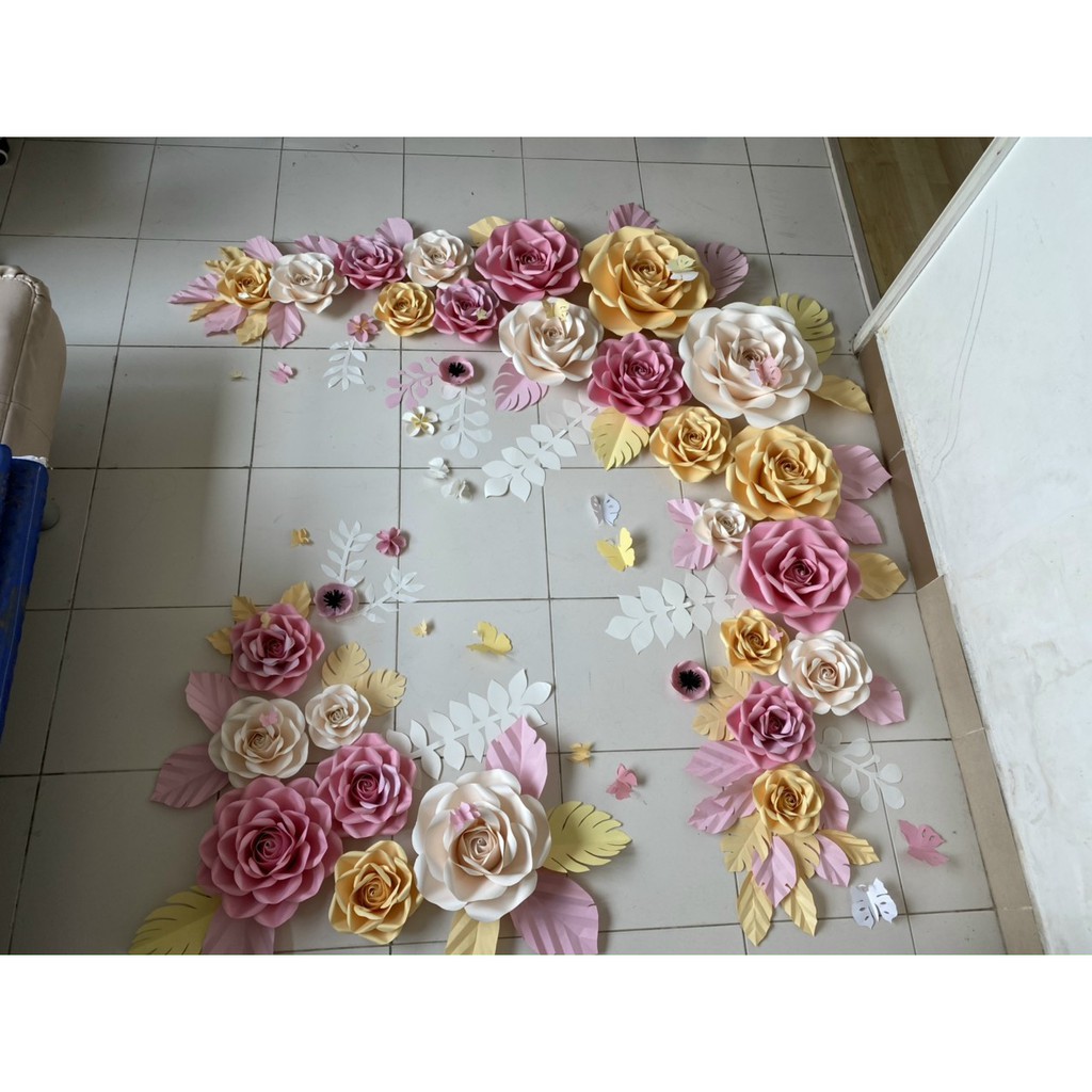 Set hoa giấy backdrop trang trí sự kiện, spa, tiệc cưới, up khung 3m