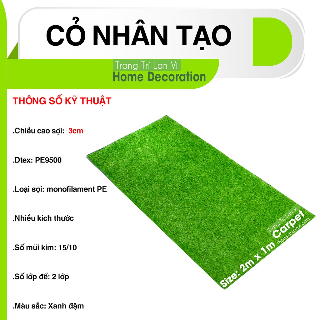 Thảm cỏ nhân tạo trang trí loại cỏ cao 3cm trang trí nhà cửa sân vườn kích thước 2m x 1m