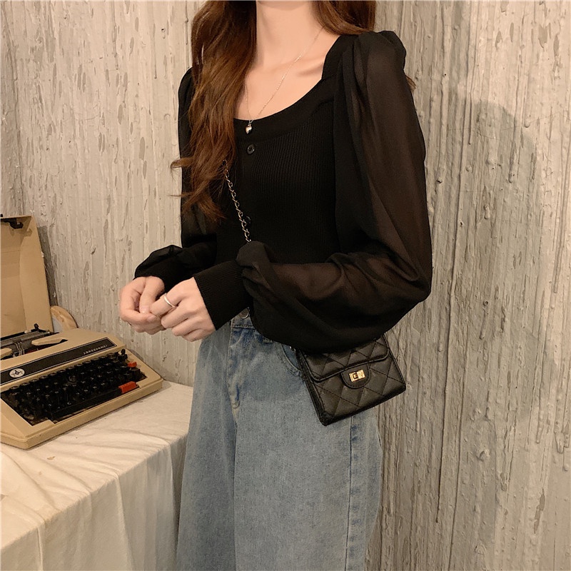 Áo chiffon ZHELIHANGFEI cổ vuông tay phồng thời trang sành điệu dành cho nữ