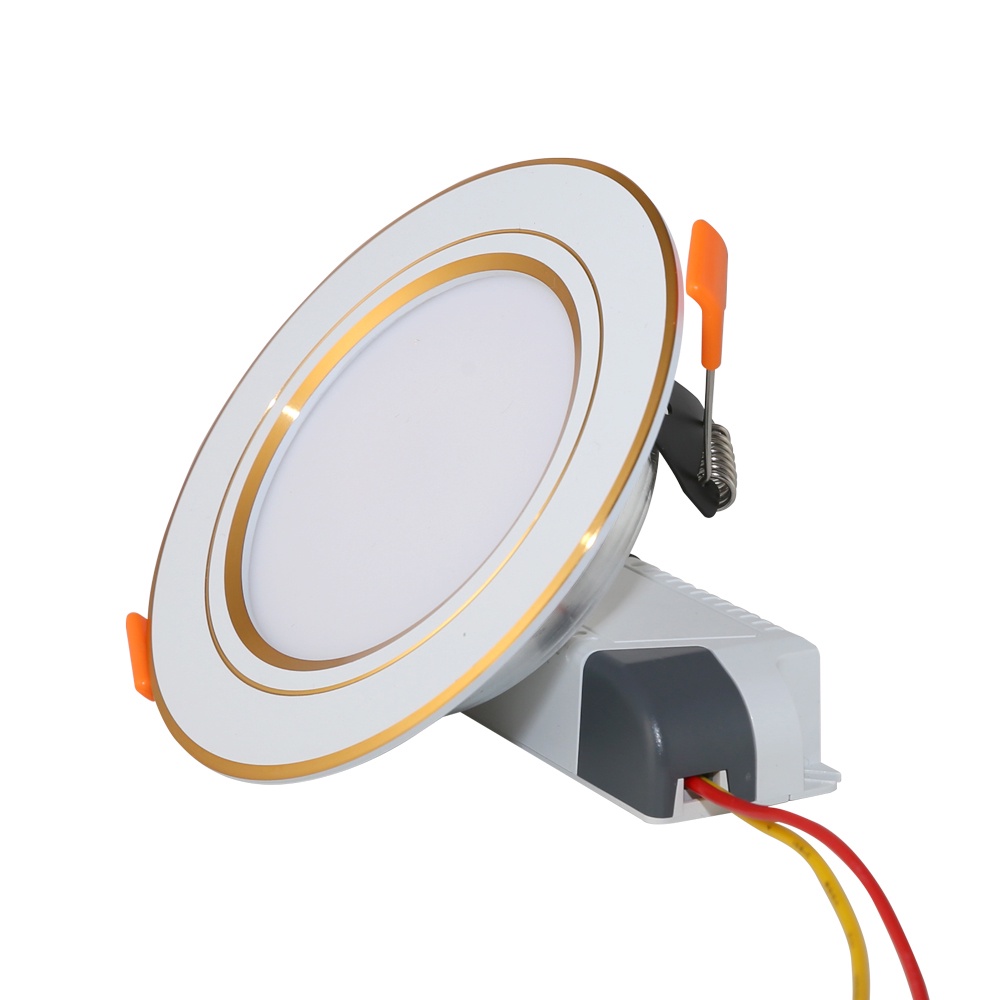 Đèn LED đế đúc âm trần 7w, 3 chế độ màu, phi 90 viền vàng/bạc