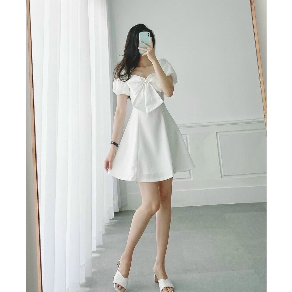 Đầm váy nữ họa tiết nơ trước ngực màu trắng tinh khôi trẻ trung sang trọng thanh lịch siêu xinh