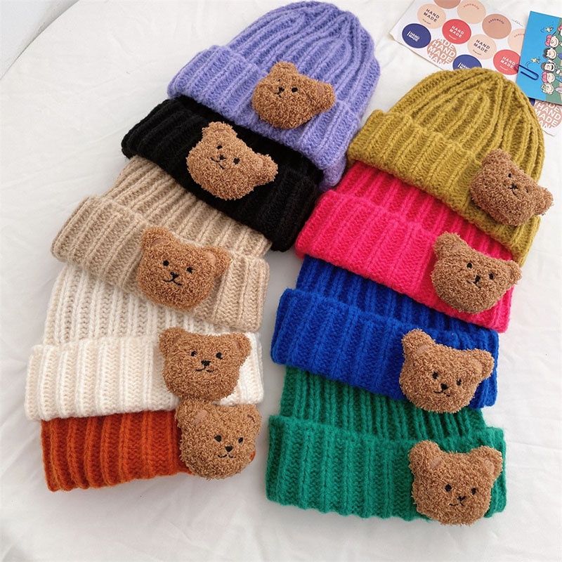 Mũ Beanie Dệt Kim Mềm Mại Giữ Ấm Hình Gấu Bông Đáng Yêu Cho Bé Trai Và Gái
