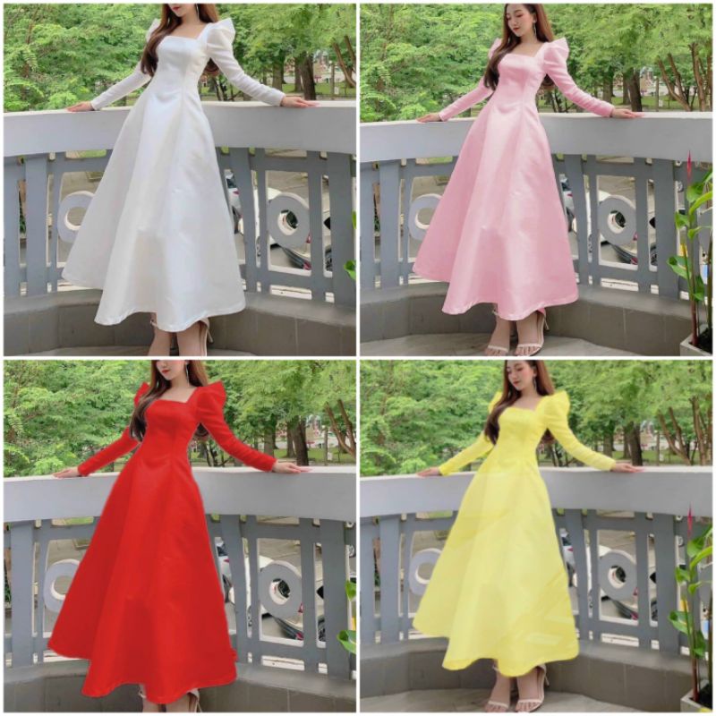 Đầm váy dự tiệc cổ vuông thiết kế form midi vai phồng sang chảnh thanh lịch