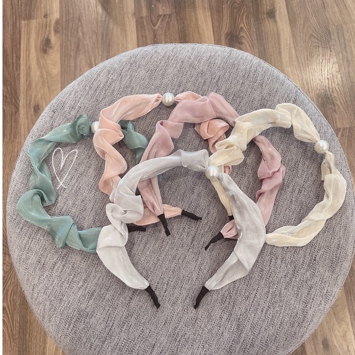 Bờm tóc băng đô nữ Bluehope Lolita ba màu màu vải nhún hồng đen be xinh xắn mix họa tiết thanh lịch BN01