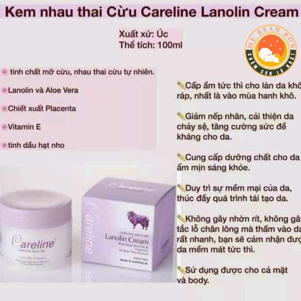 Kem dưỡng da nhau thai cừu Careline Úc - Kem Mỡ Cừu Careline Kết Hợp Tinh Dầu Hạt Nho Và Vitamin E 100 Kem bôi hàng ngày