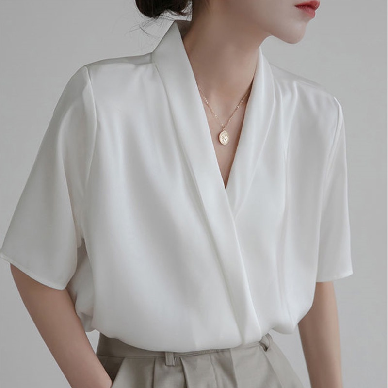 Áo Sơ Mi Tay Ngắn Cổ Chữ V Dáng Rộng Vải satin Thời Trang Mùa Hè Cho Nữ