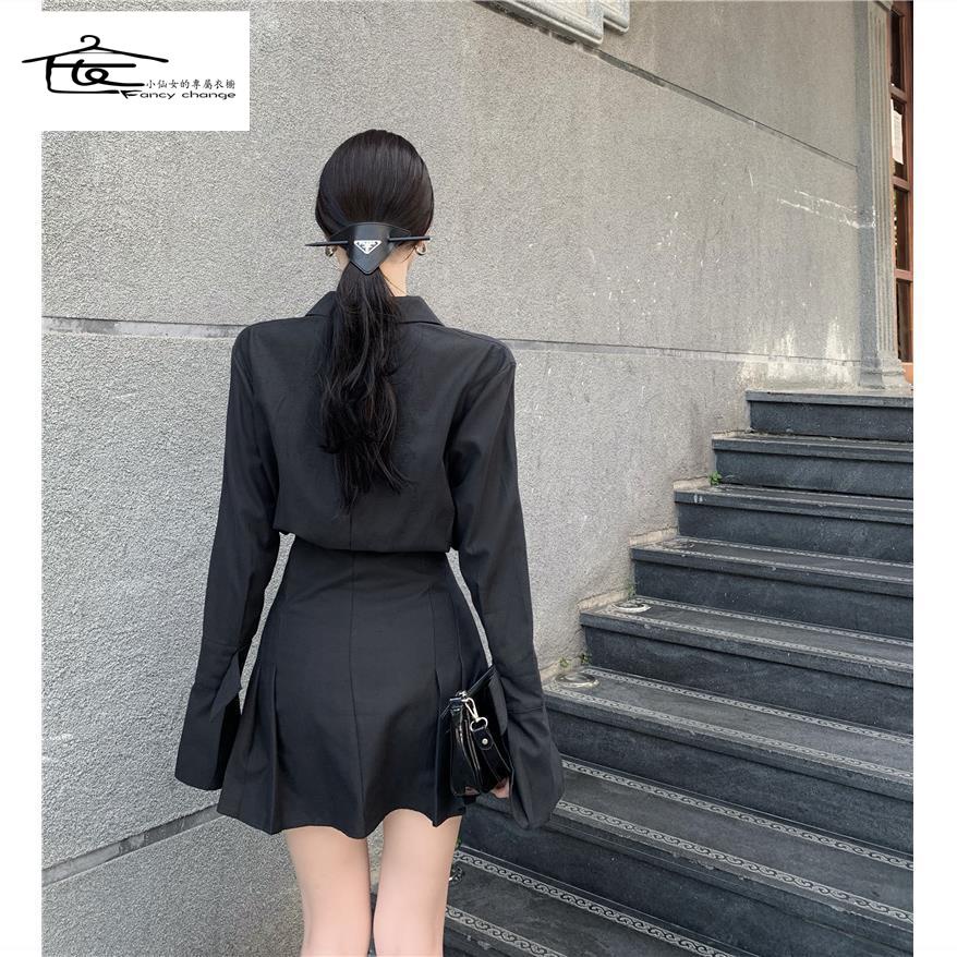 Đầm Sơ Mi Ngắn Ôm Eo Tay Dài Màu Đen Thời Trang Mùa Hè