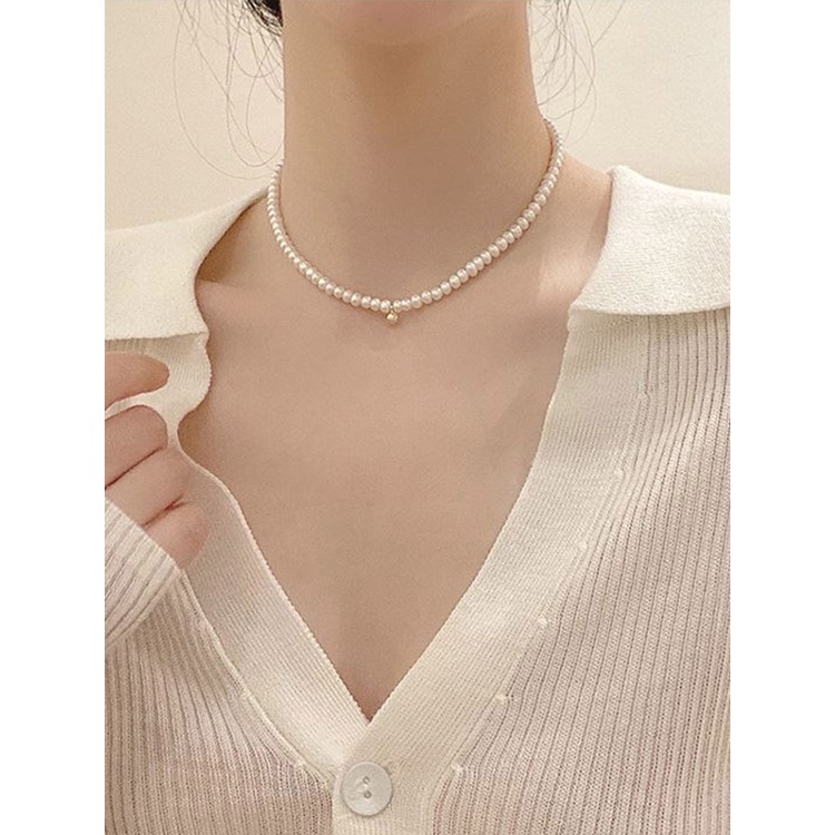 Ygt Vòng cổ Ngọc Trai Mặt Hình Hạt Đậu Vàng Nhỏ Xinh Thanh Lịch Phong Cách Pháp Cho Nữ