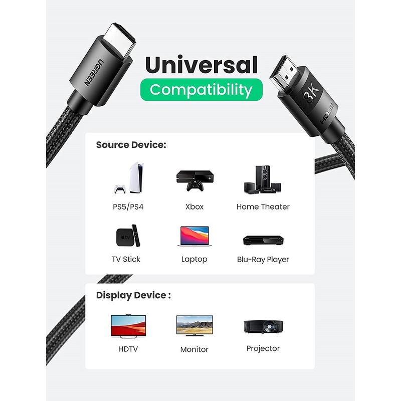Cáp HDMI 2.1 dài 1M Ugreen 8K@60hz cao cấp, BẢO HÀNH 18 THÁNG, 40178