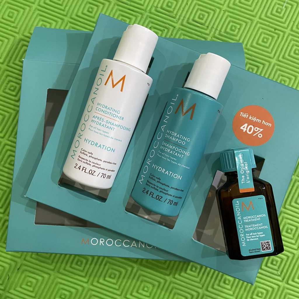 Combo Try Me Kit dầu gội xả dưỡng ẩm Moroccanoil Hydration 70mlx2 và tinh dầu Treatment 15ml ( New 2021 )