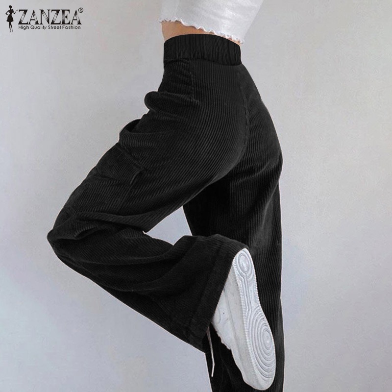 Quần dài ZANZEA ống rộng lưng cao màu trơn thời trang cho nữ