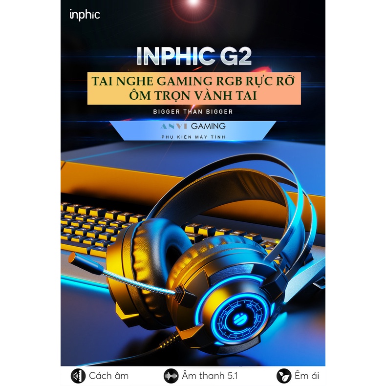 Tai Nghe Headphone Gaming INPHIC G2 Led RGB - Âm Siêu Trầm Sống Động Nhẹ Dẻo Cho Game Thủ Chuyên Nghiệp