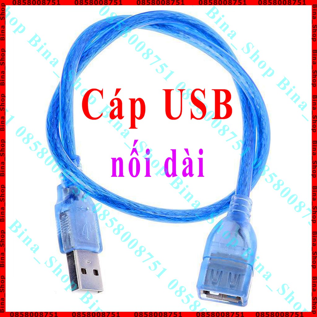 Cáp nối dài USB 2.0 0,3 mét/0,5 mét/1 mét/1,5 mét/2 mét màu xanh trong